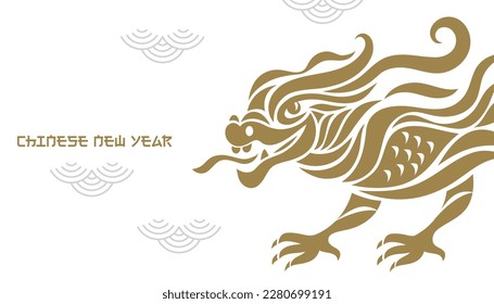 Chinese Happy New Year 2024. Year of the Dragon. Greetings card with gold Dragon on a white background, horizontal banner