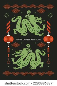 Chinese Happy New Year 2024. Year of the Dragon. Greetings card, green dragons on a black background