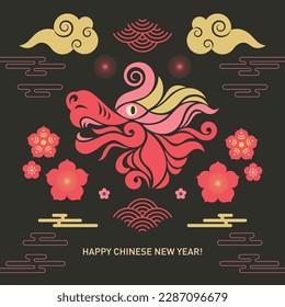 Chinese Happy New Year 2024. Year of the Dragon. Greetings card	
