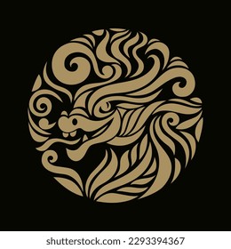 Chinese Happy New Year 2024. Year of the Dragon. Greetings card with gold Dragon on a black background, circle label