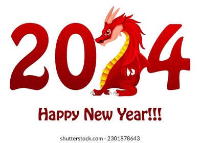 Chinese Happy New year 2024 , cute dragon. Greeting card with red dragon