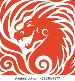 Chinese Happy New Year 2024. Year of the Dragon. Greetings card, emblem, logo. Red Head of dragon in square