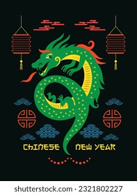 Chinese Happy New Year 2024. Year of the Dragon. Symbol of New Year. Greetings card. Cute Green Dragon 