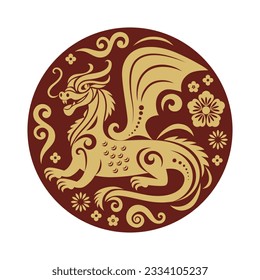 Chinese Happy New Year 2024. Year of the Dragon. Symbol of New Year.  Dragon and flowers in circle