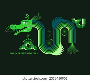 Chinese Happy New Year 2024. Year of the Dragon. Symbol of New Year. Green dragon in geometric flat modern style on a black background