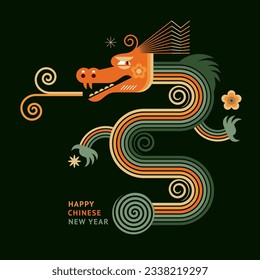 Chinese Happy New Year 2024. Year of the Dragon. Symbol of New Year. Color striped dragon in geometric flat modern style on a black background