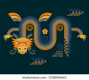 Chinese Happy New Year 2024. Year of the Dragon. Symbol of New Year. Color striped dragon in geometric flat modern style on a dark background