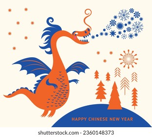 Chinese Happy New Year 2024. Year of the Dragon. Symbol of New Year. Cute fire breathing flying dragon