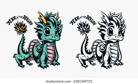 Chinese Happy New Year 2024. Year of the Dragon. Symbol of New Year. Cute kids dragon in cartoon style. Children's illustrations. Happy animal.