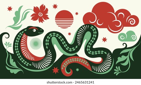 Chinese Happy New Year 2025. Year of the Snake. Symbol of New Year. Horizontal color banner, card