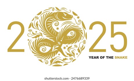 Chinese Happy New Year 2025. Year of the Snake. Symbol of New Year. Horizontal banner, Snake in circle