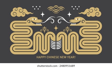 Chinese Happy New Year 2025. Year of the Snake. Symbol of New Year. Horizontal banner, Snake in geometric minimalist style, black and golden colors