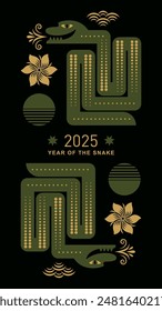 Chinese Happy New Year 2025. Year of the Snake. Symbol of New Year. Vertical banner, Snake in geometric minimalist style, black and green colors