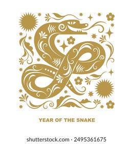 Chinese Happy New Year 2025. Year of the Snake. Symbol of Chinese New Year. Vector illustration in one golden color