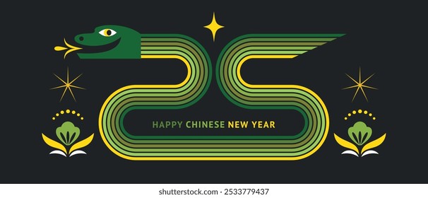 Ano Novo Feliz Chinês 2025. Ano da Cobra. Símbolo do Ano Novo Chinês. Banner minimalista moderno