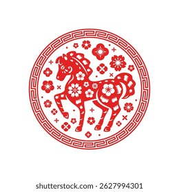 Chinese Happy New Year 2026 poster circle emblem. Red Horse logo silhouette icon, on white background. Vector illustration. Astrology China lunar frame, calendar animal symbol, label. Place for text