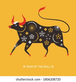 Chinese Happy new year. Year of the bull. Symbol of 2021. Greeting card , black cow on the yellow background