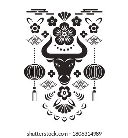 Chinese Happy New Year. Year of the Bull.  Black and white Greeting card , poster, emblem