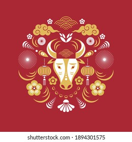 Chinese Happy new year. Year of the bull.  Greeting card , poster, emblem