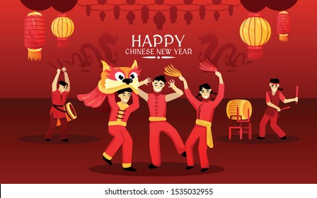 Chinese happy new year card poster with traditional festive celebration red lanterns lion dance performance vector illustration 