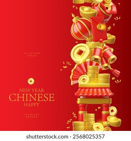 Chinese happy New Year festive seamless border vector design. Golden coins and ingot, red fan, lantern and gate, firecrackers. 3D Asian traditional lucky fortune and finance symbols on red
