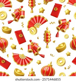 Chinese Happy New Year festive seamless pattern vector design. Golden coins and ingot, red fan, lantern, gate and firecrackers. 3D Asian traditional lucky fortune souvenirs and finance symbols