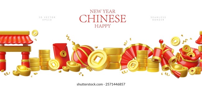 Chinese happy New Year festive horizontal seamless border vector banner design. Golden coins and ingot, red fan, lantern, gate and firecrackers. 3D Asian traditional lucky fortune and finance symbols