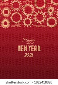 Chinese Happy New Year with gold fireworks on traditional ornament for holiday card, invitation, party, banner, party poster, greeting card, flyer. Vector 10 eps