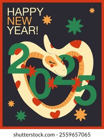 Chinese happy new year greeting card. Modern style design with colorful snake. Flat vector illustration.