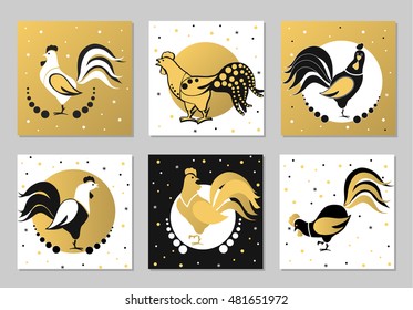 Chinese Happy New Year rooster vector decoration square icons set. 