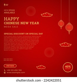 Chinese Happy New Year Sale Banner Social Media Post Template With Chinese Pattern and Chinese Lanterns