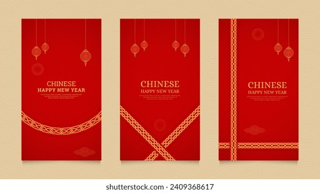 Chinese Happy New Year Social Media Stories Template with Chinese Pattern Brushes Border and Chinese Style Lanterns