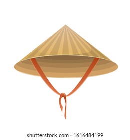 Chinese hat in the form of a cone with a tie on a white background. Traditional conical hat, accessory.