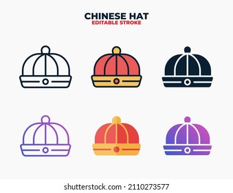 Chinese Hat icon set with different styles. Icons designed in filled, outline, flat, glyph and line colored. Editable stroke and pixel perfect. Can be used for web, mobile, ui and more.