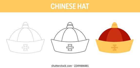 Chinese Hat tracing and coloring worksheet for kids