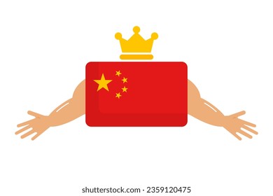 Chinese hegemony. China wearing a crown and spreading hands wide to show off its confidence. Vector.