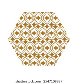 Chinese hexagon with Asian pattern of lines, deformed diamonds. Small elements created sense of flow movement within hexagon visual focus. Simple vector decorative element isolated on white background