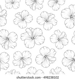 Chinese hibiscus floral seamless pattern. China rose flowers close up detailed freehand drawing. Black and white vector design illustration. Side by side isolated layout.