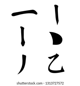 Chinese hieroglyphs calligraphy colored basic character numbered keys: 1-ONE, 2-LINE, 3-DOT, 4-SLASH, 5-SECOND, vector illustration isolated on white background