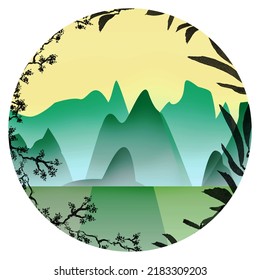 Chinese High Rocky Green Mountain Asian Landscape Vector In Circular Frame Dawn Or Dusk Morning Misty Cool Horizontal Terrain Looking Out Window At Fresh Grass Digital Artwork Cartoon Logo Wallpaper  