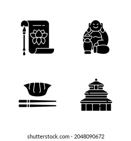 Chinese history black glyph icons set on white space. Traditional calligraphy. Laughing Buddha. Jiaozi, gyoza. Temple of Heaven. Eastern culture. Silhouette symbols. Vector isolated illustration