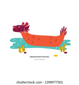 Chinese holiday concept. Dragon boat on the water. Trendy style logo with smooth round shapes and trendy plants. Clean, neat, accurate. Modern colorful vector illustration in flat cartoon style