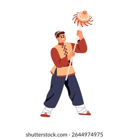Chinese holiday festival performance, carnival dance. Man performer holding ball on stick, pole for traditional Asian New Year celebration. Flat vector illustration isolated on white background