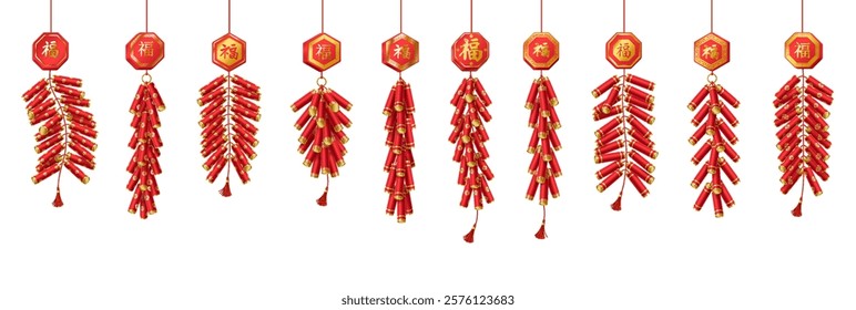 Chinese holiday firecrackers with blessing pendants realistic color icons set. Oriental festival celebration 3d objects bundle on white background. inscription on the badge is “Luck”