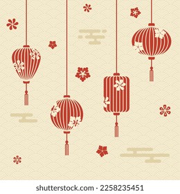 Decoración colgante de vacaciones chinas, lámparas, flores y nubes con motivos tradicionales en el fondo. Lámparas de primavera, plantilla de diseño. Ilustración vectorial. Antecedentes asiáticos.