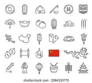 Chinese holiday, religion and national symbols, vector line icons. Chinese lunar new year lanterns, dragon and lucky knot, map and flag, pagoda temple, tangerine and coins,cloud and golden ingot hat