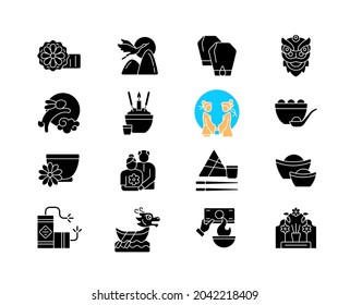 Chinese holidays black glyph icons set on white space. Mooncakes. Red-crowned crane. Chinese new year. Lantern festival. Dragon dance. Rabbit and moon. Silhouette symbols. Vector isolated illustration