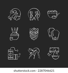 Chinese holidays chalk white icons set on black background. Rabbits and moon. Chinese valentine day. Dumpling. Funeral tradition. Dragon dance. Fireworks. Isolated vector chalkboard illustrations