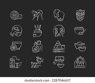 Chinese holidays chalk white icons set on black background. Mooncakes. Red-crowned crane. Chinese new year. Lantern festival. Dragon dance. Rabbit and moon. Isolated vector chalkboard illustrations