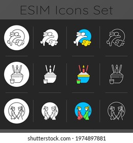 Chinese holidays dark theme icons set. Rabbits and moon. Rice bowl. Moon hare. Double seventh festival. Romantic legend. Linear white, solid glyph and RGB color styles. Isolated vector illustrations